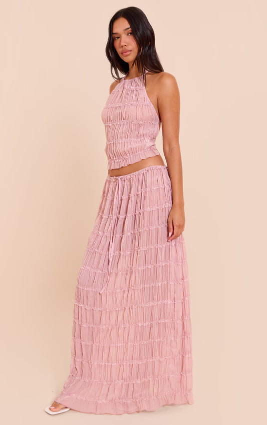 Mauve Chiffon Ruched Frill Detail Tiered Maxi Skirt