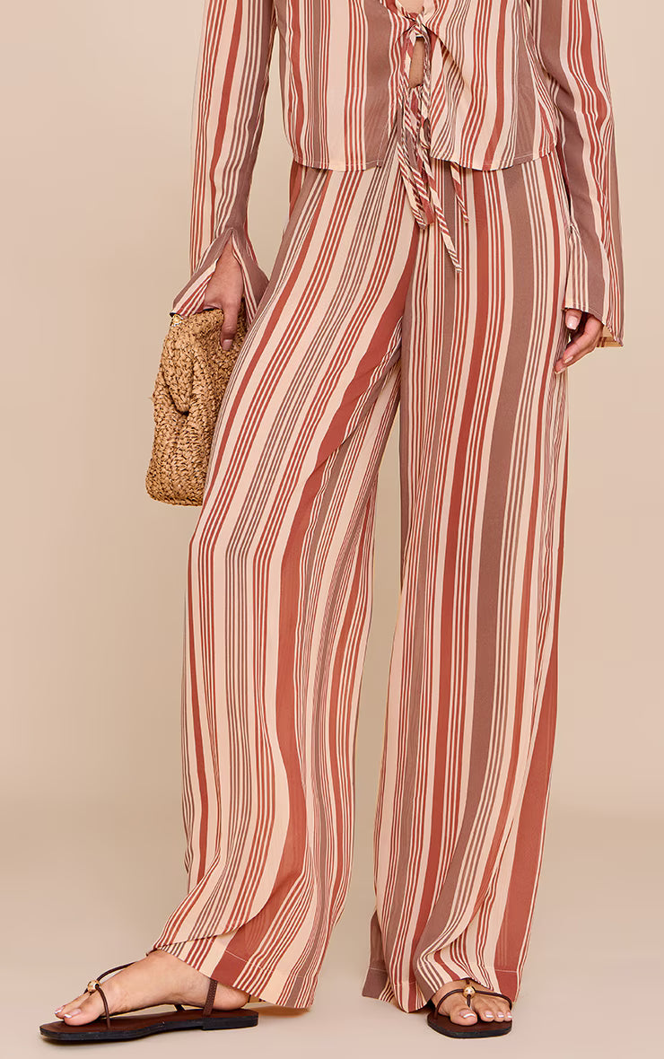 Beige Chiffon Striped Wide Leg Pants