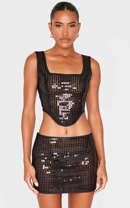 Black Chain Sequin Corset Top