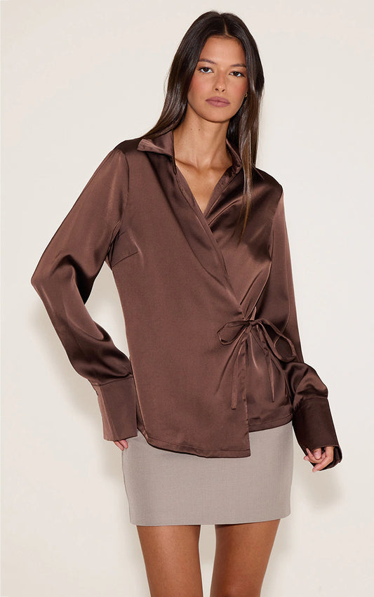 Chocolate Satin Tie Waist Detail Slouchy Shirt