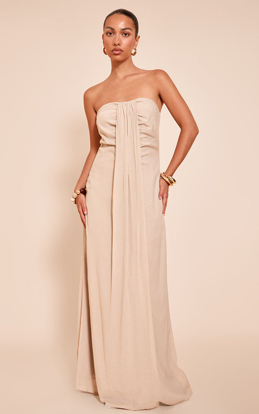 Beige Bandeau Drape Detail Maxi Collum Dress