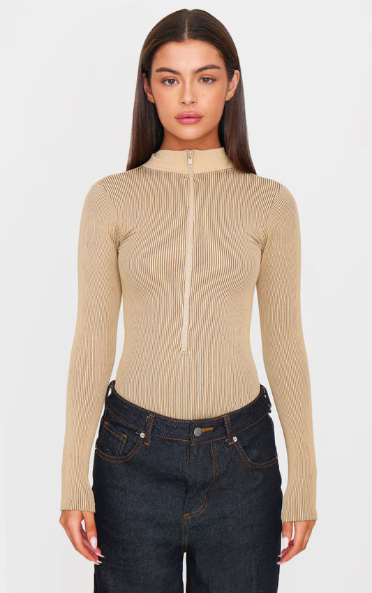Stone Contrast Snatched Rib Zip Up Long Sleeve Bodysuit