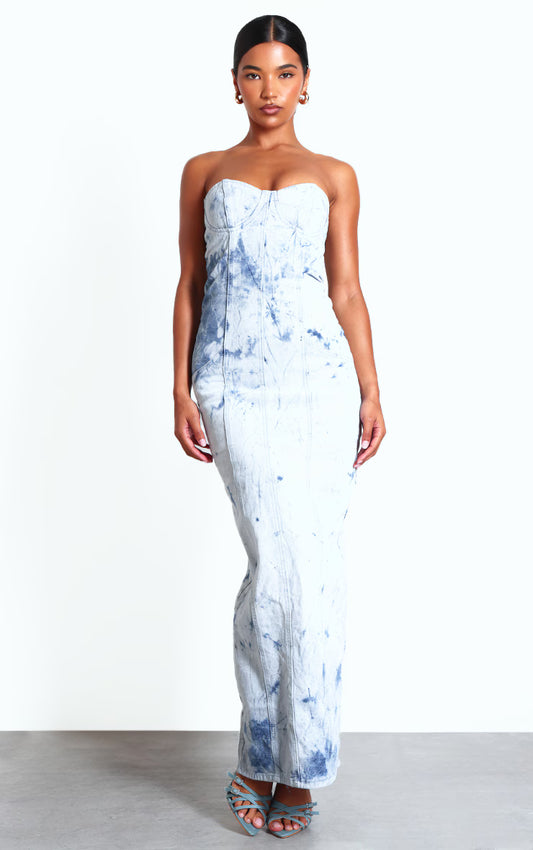 Blue Tie Dye Print Bustier Denim Maxi Dress