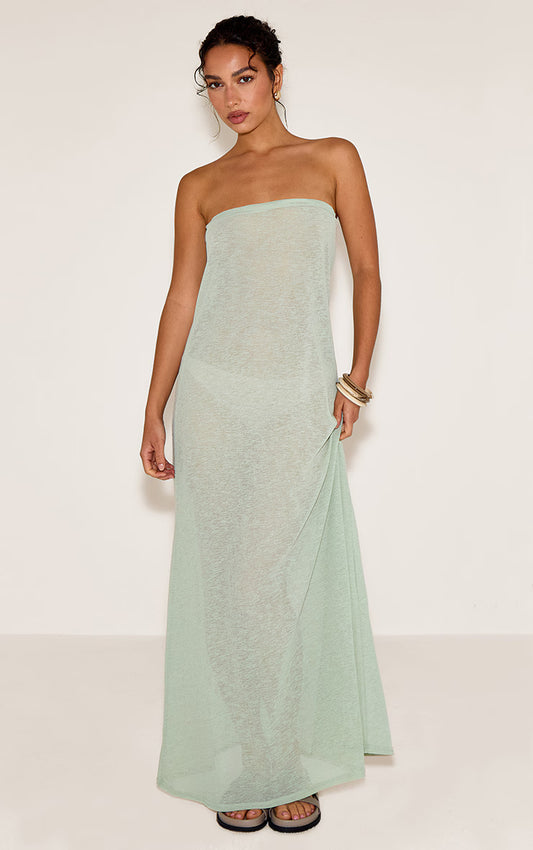 Khaki Textured Bandeau Column Maxi Dress
