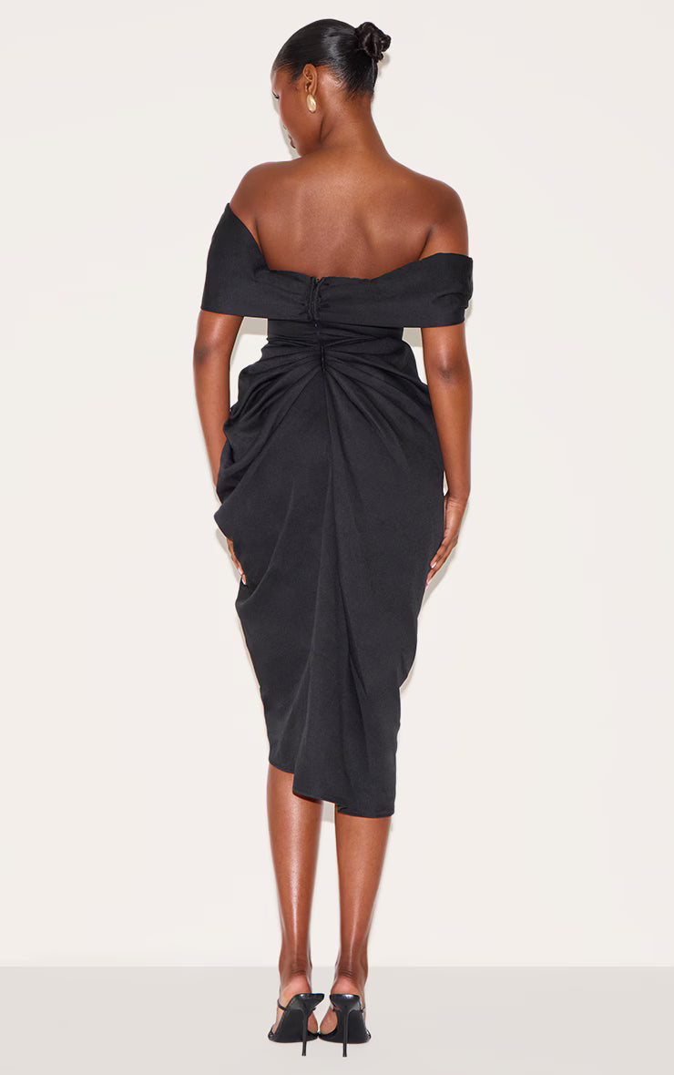 Black Corset Bardot Draped Midi Dress
