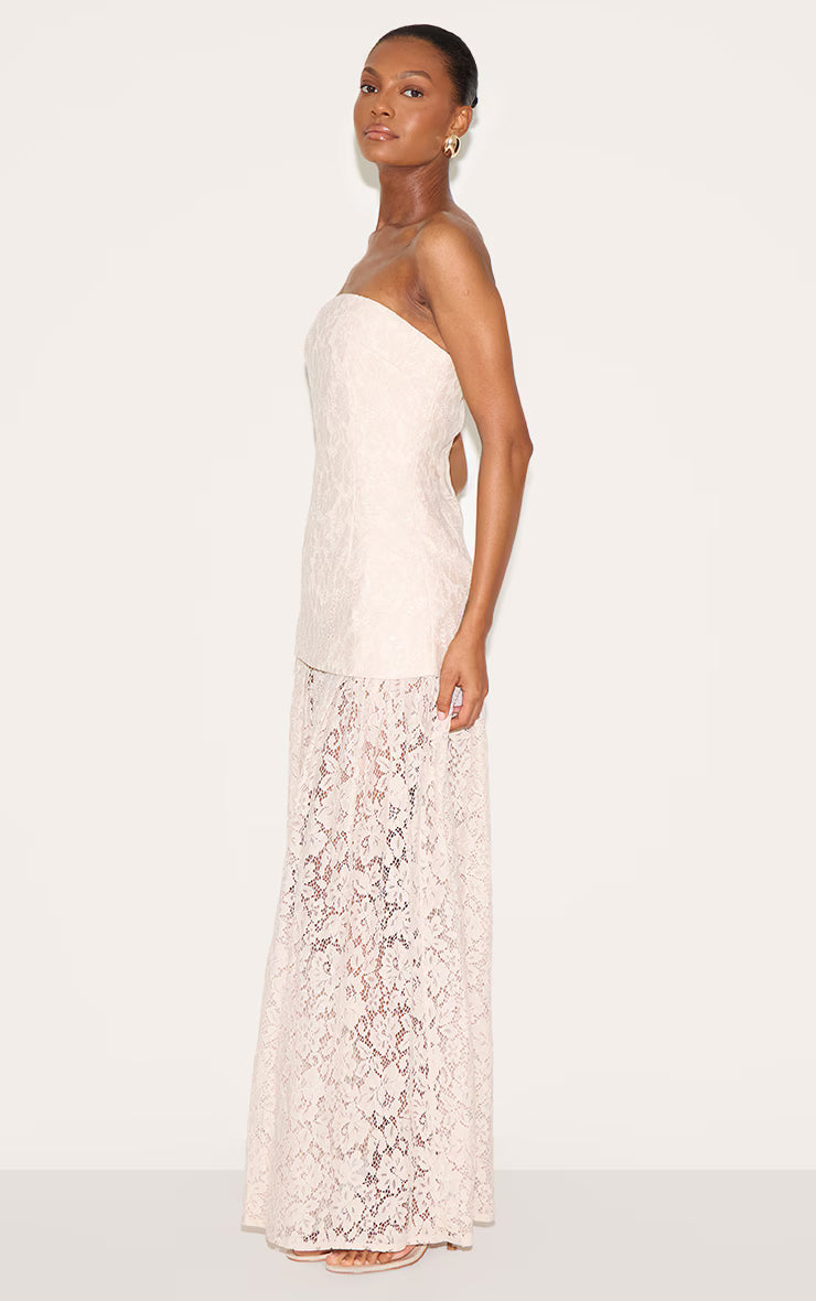 Cream Lace Sheer Skirt Panel Bandeau Midaxi Dress