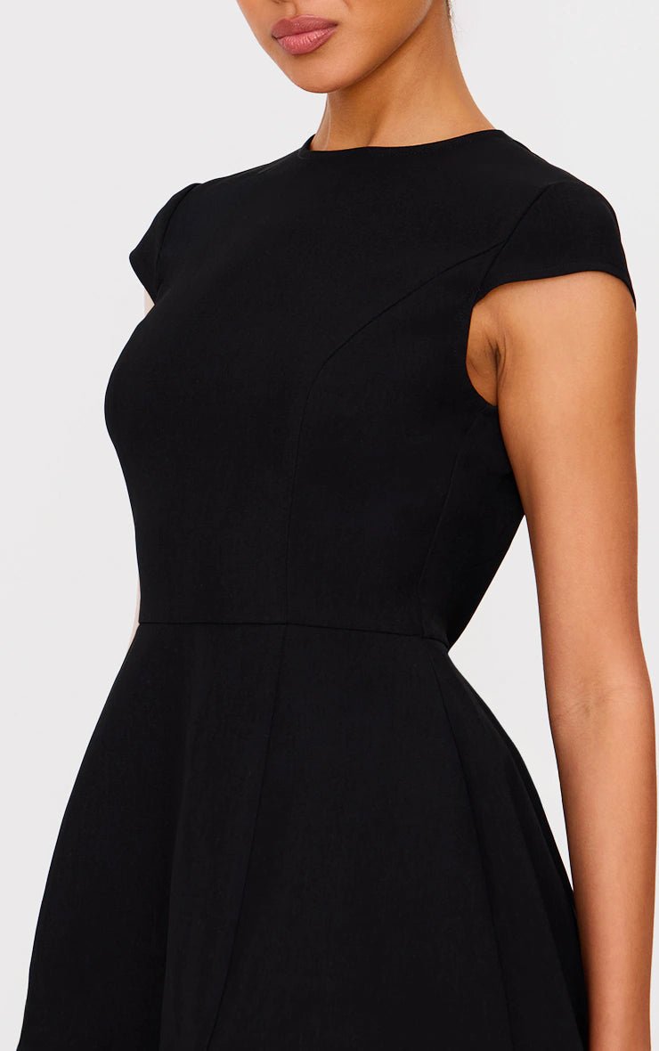 Black Cap Sleeve Mini Curved Shift Dress