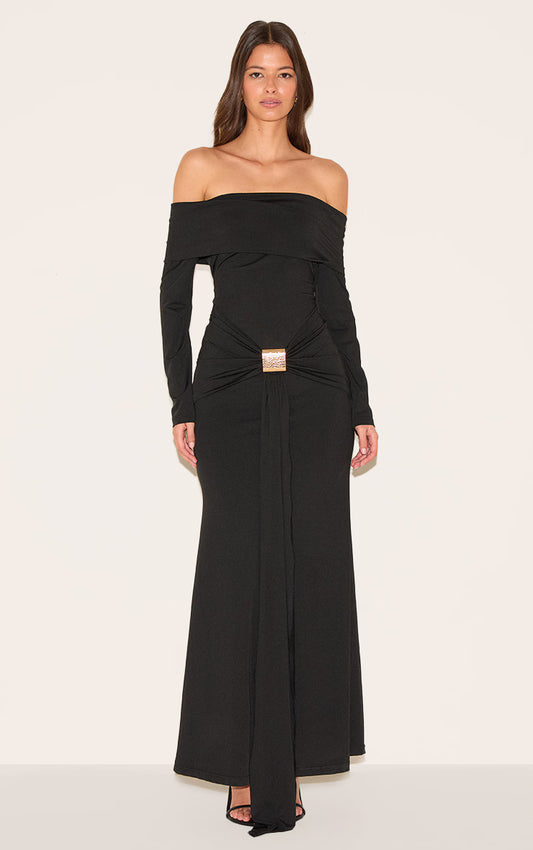 Black Bardot Long Sleeve Trim Drape Detail Maxi Dress