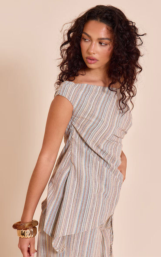 Multi Textured Stripe One Shoulder Asymmetric Long Top