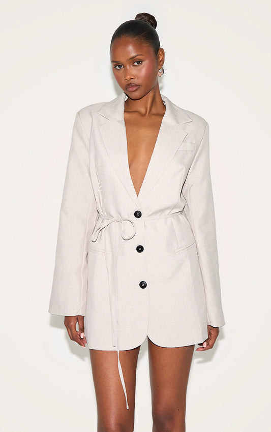 Taupe Woven Tie Belt Blazer Dress