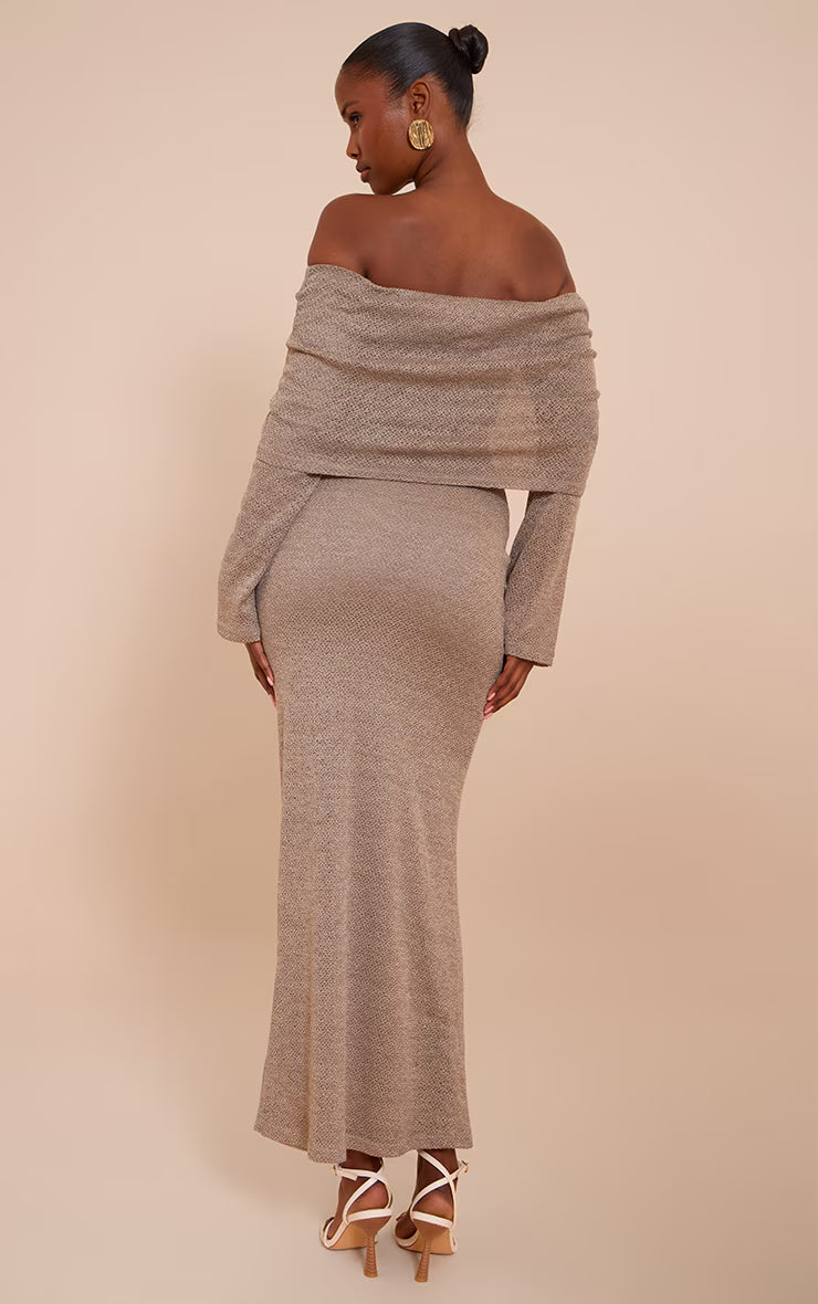 Mocha Textured Bardot Foldover Maxi Dress