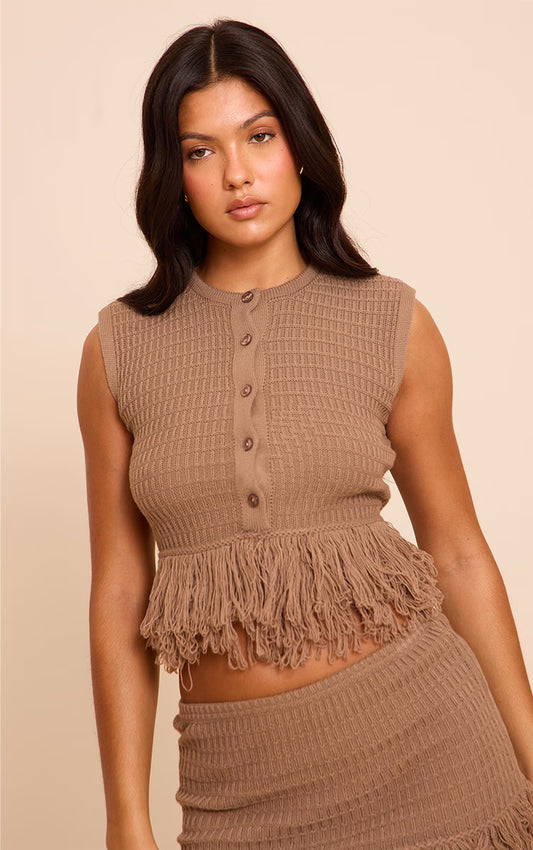 Mocha Button Up Fringe Cardigan
