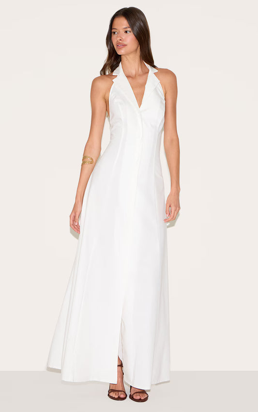 White Button Down Collar Detail Maxi Dress