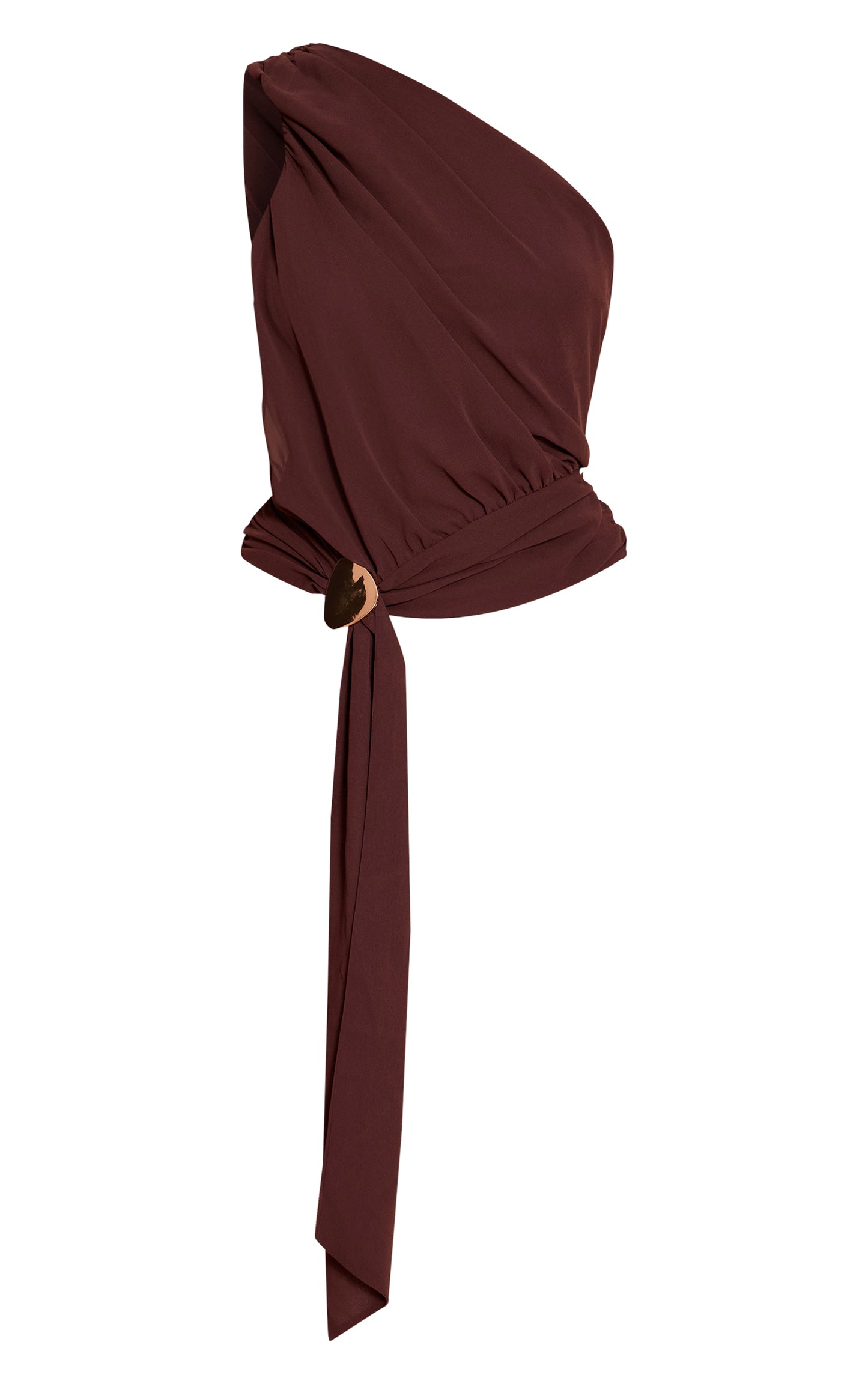 Chocolate Plum Chiffon One Shoulder Ruched Trim Drape Top