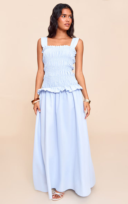 Blue Shirred Frill Detail Maxi Dress
