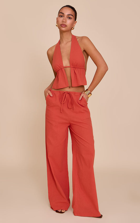 Rust Cotton Low Rise Drawstring Wide Leg Pants