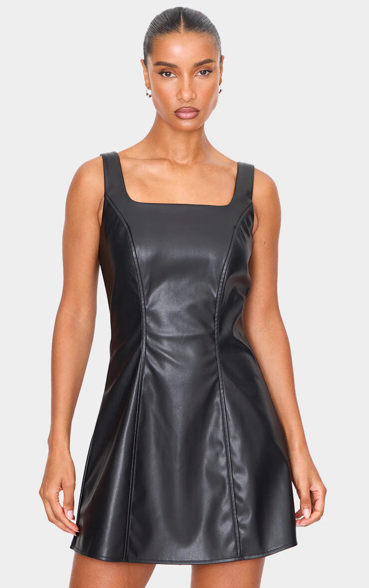 Black Faux Leather Square Neck Mini Dress