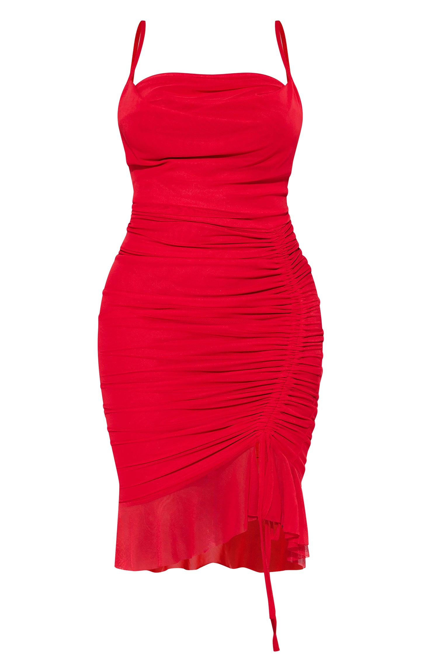 Shape Red Mesh Cowl Ruched Detail Midi Dress