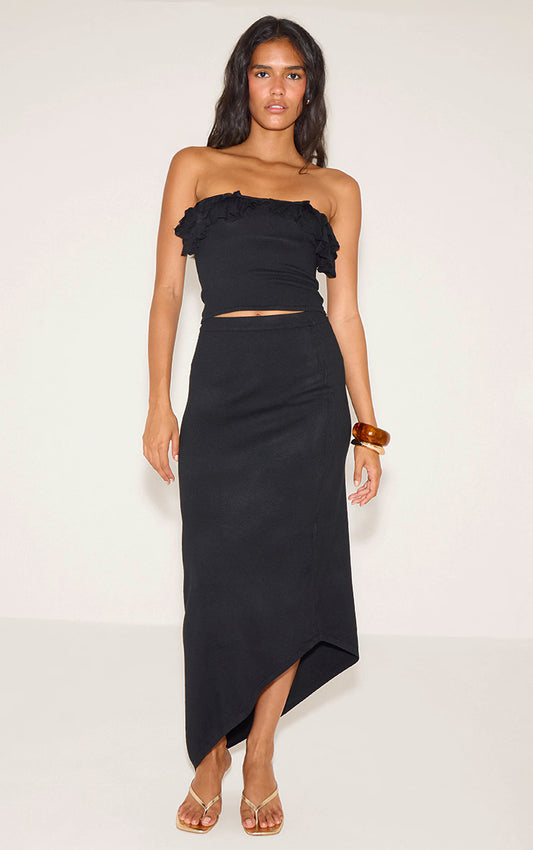 Black Fine Knit Asymmetric Hem Maxi Skirt