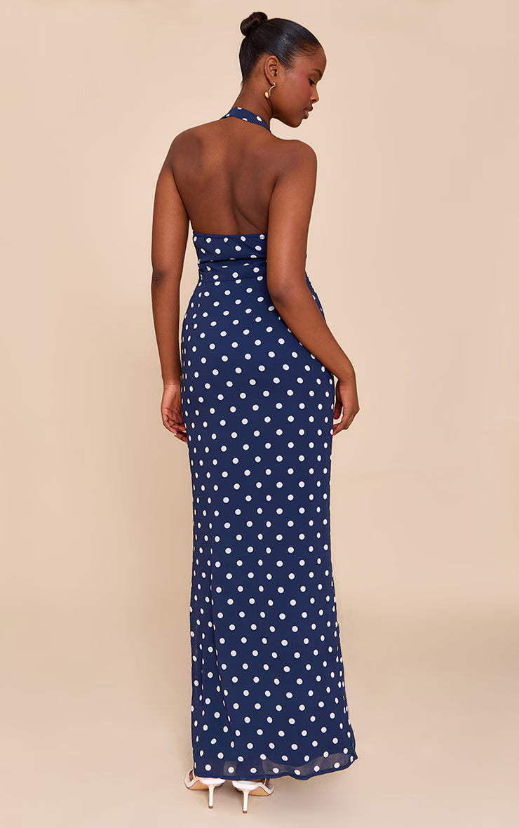 Navy And White Chiffon Polka Dot Printed Plunge Neck Maxi Dress