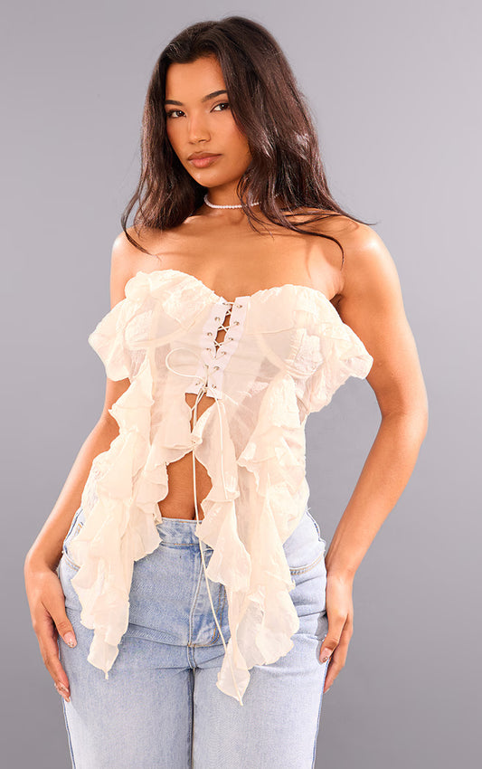 Cream Bandeau Chiffon Ruffle Lace Up Corset