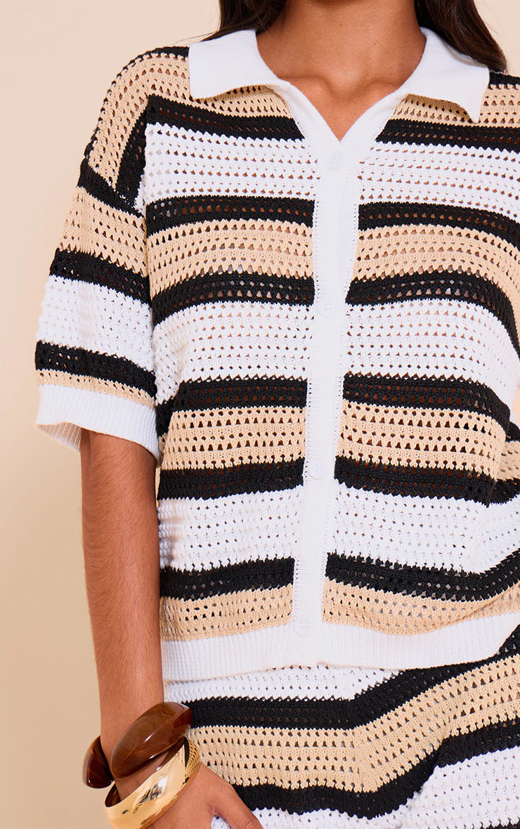Petite Multi Neutral Knit Crochet Button Through Top