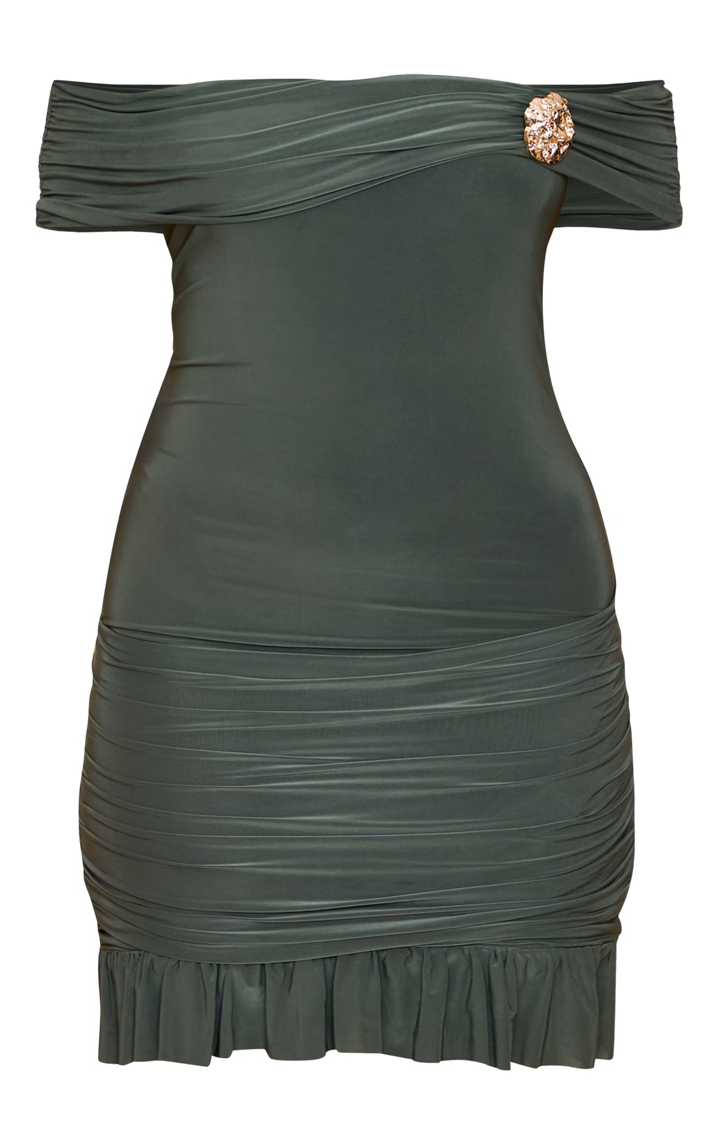 Olive Double Layer Bardot Trim Detail Mini Dress