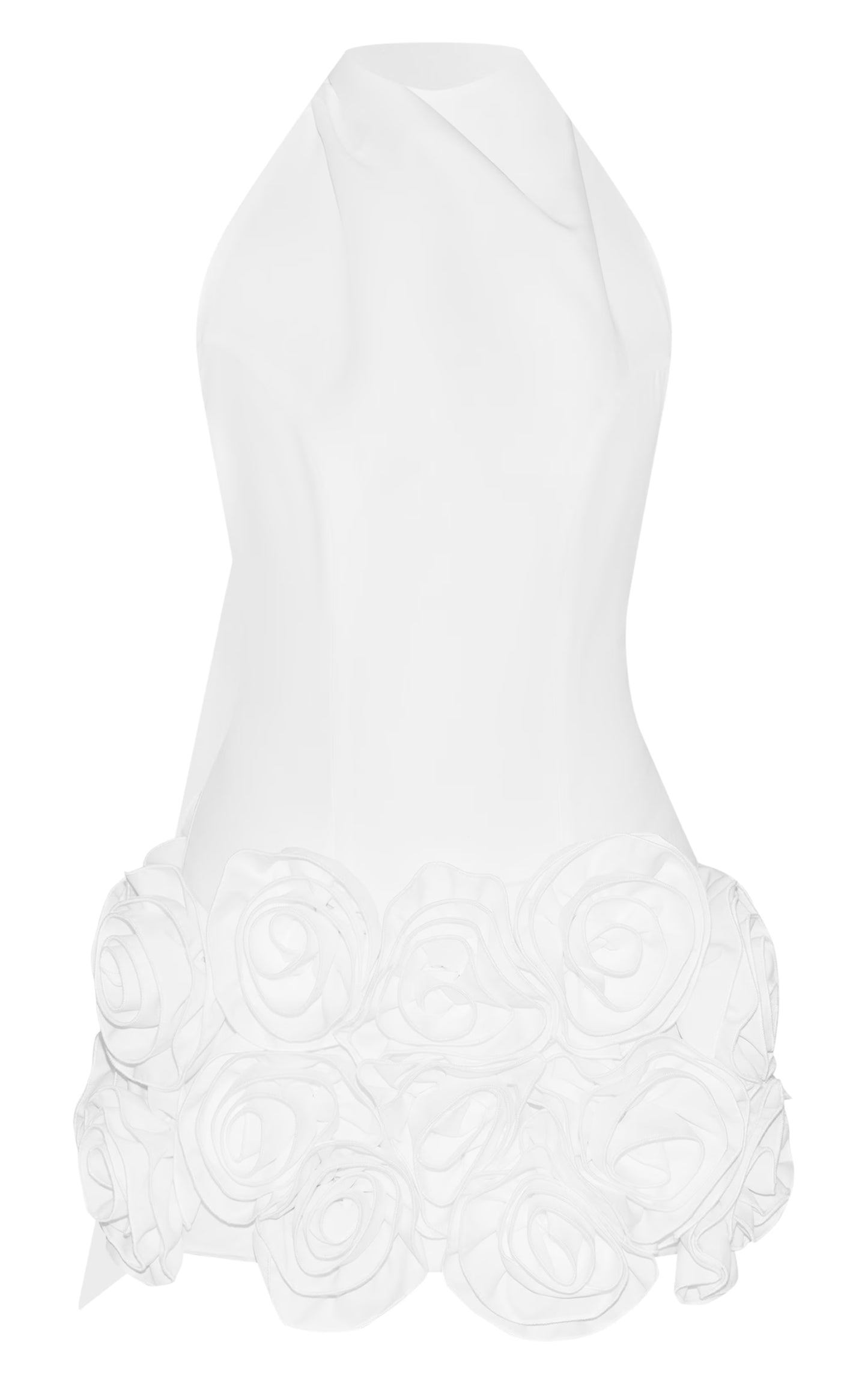 Premium White Woven Floral Ruffle Detail High Neck Cowl Bodycon Dress