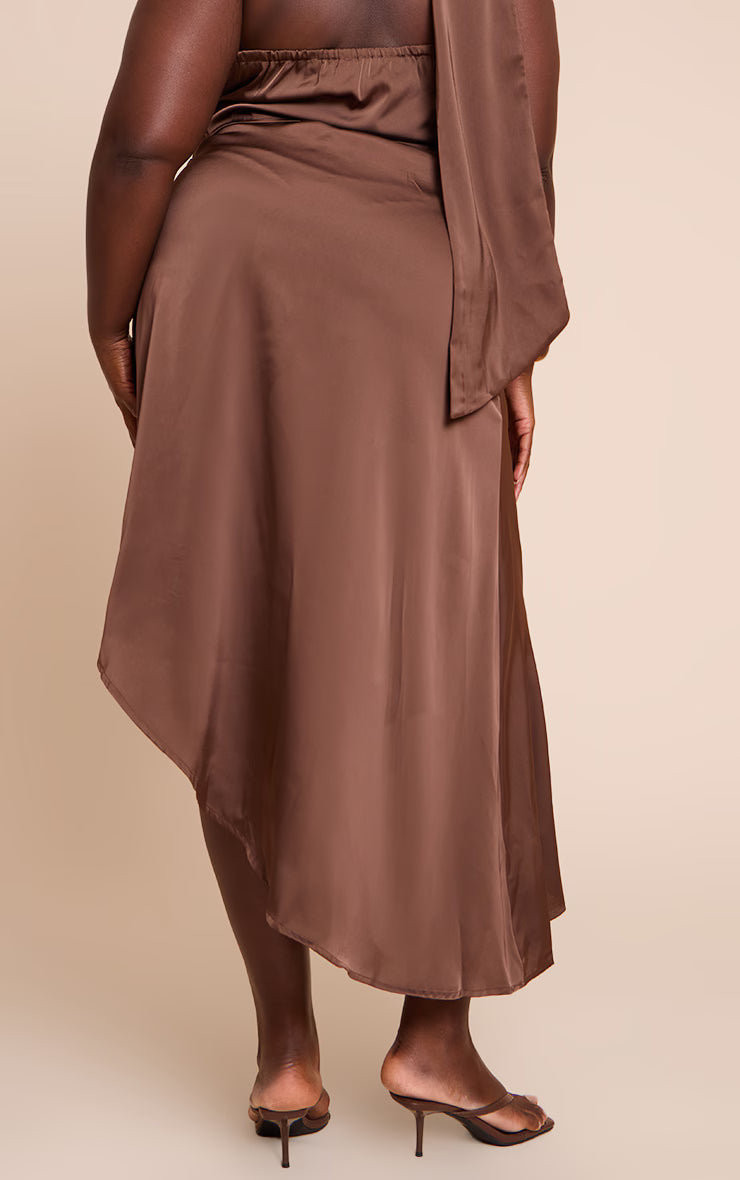 Plus Dark Brown Printed Satin Asymmetric Midi Skirt