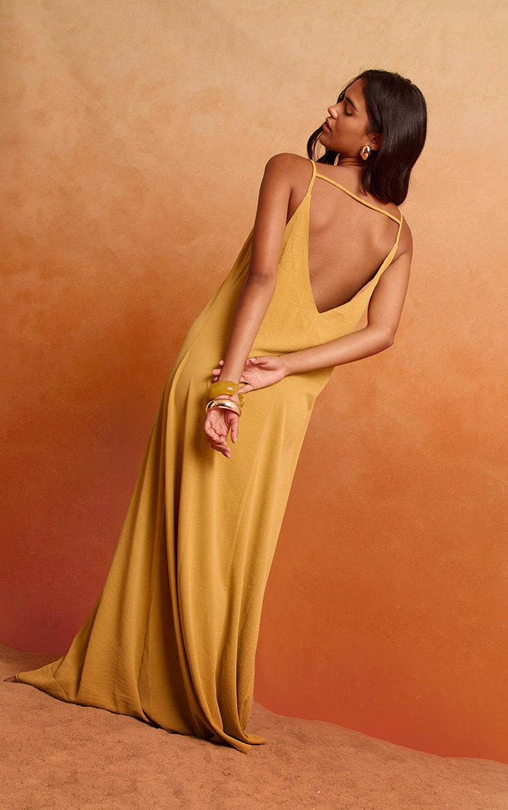Deep Mustard Floaty Woven Low Back Maxi Dress