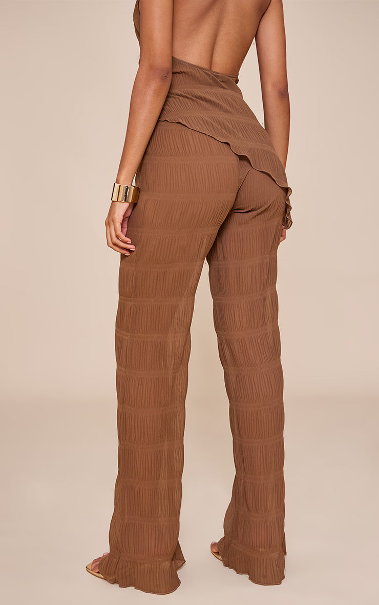 Chocolate Brown Textured Sheer Woven Mid Rise Straight Leg Pant