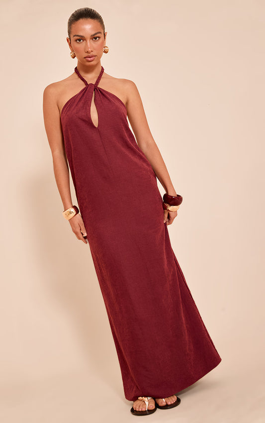 Rust Textured Rope Halterneck Maxi Dress