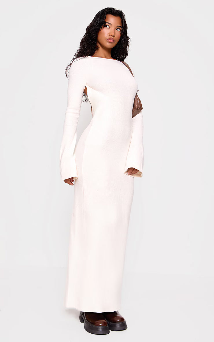 Cream Heavy Brushed Rib Tie Back Maxi Dress