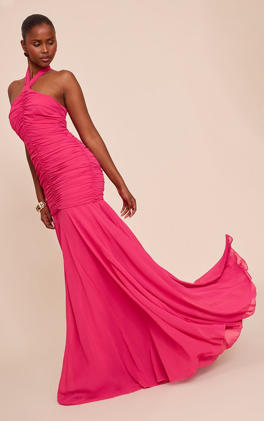 Fuschia Chiffon Halterneck Ruched Dropped Waist Maxi Dress