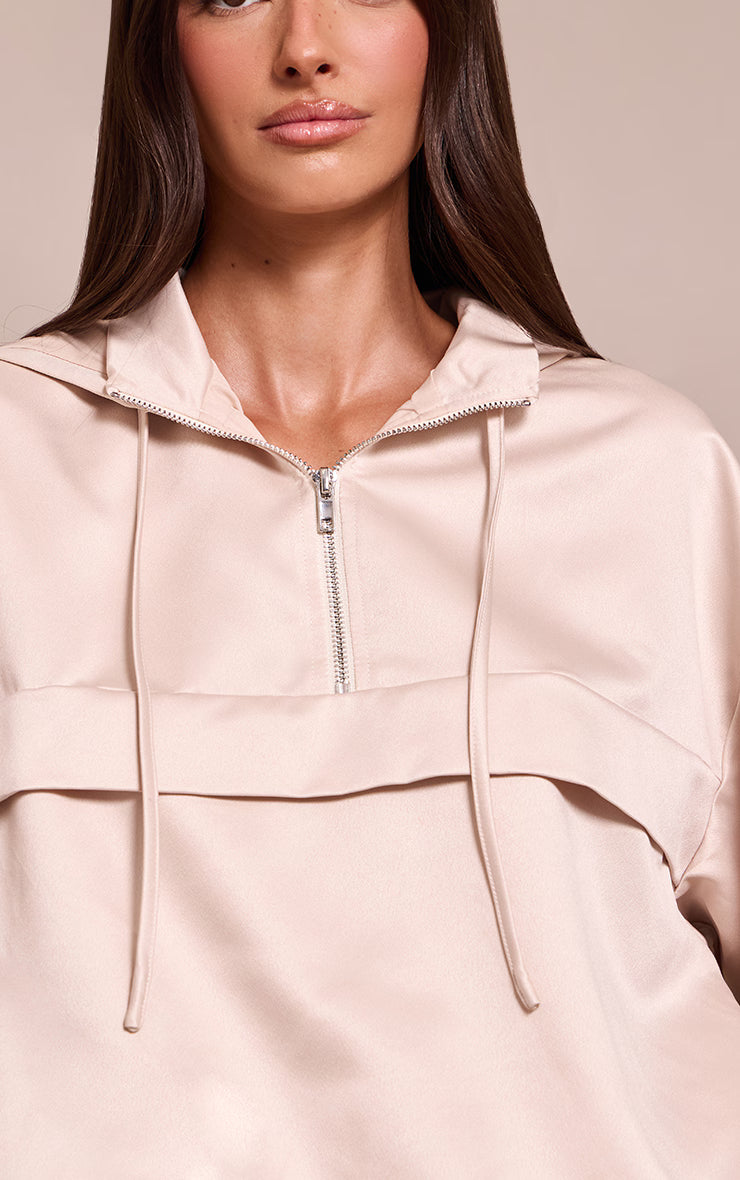 Oyster Satin Zip Up Hooded Pullover Jacket