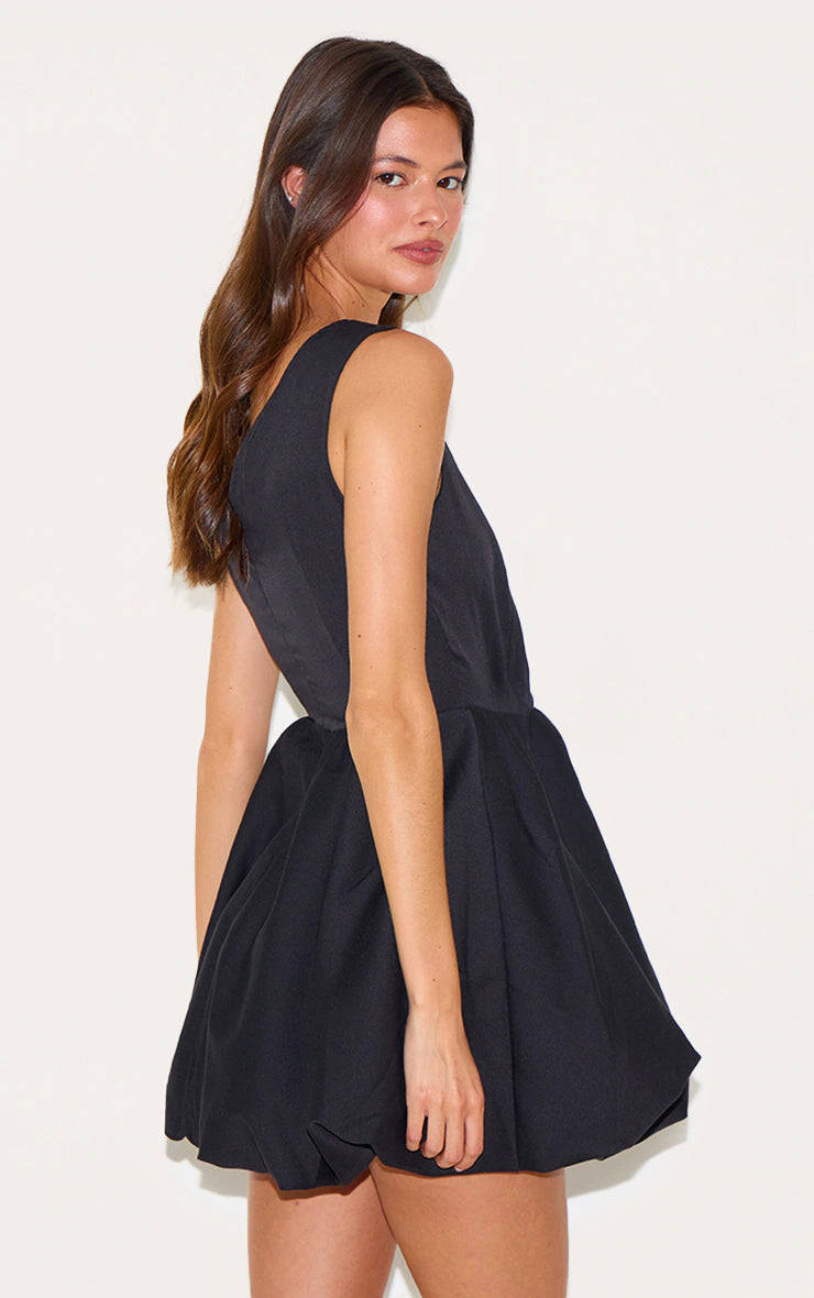 Black Tailored V Neck Puffball Mini Dress