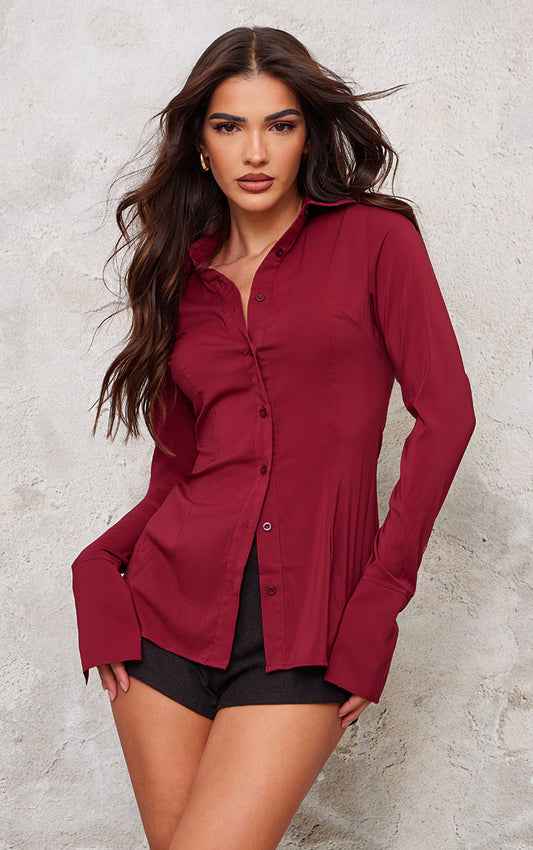 Maroon Chiffon Fitted Shirt