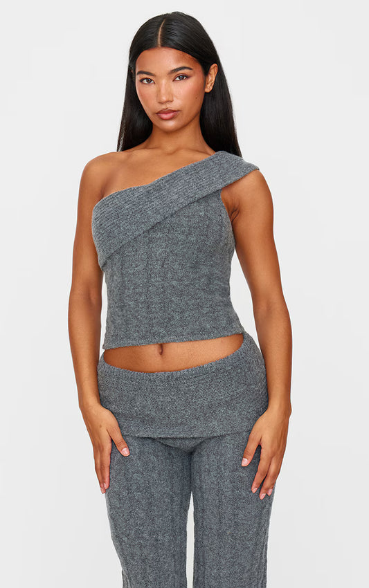 Charcoal Marl Textured Knit Foldover Bandeau Top