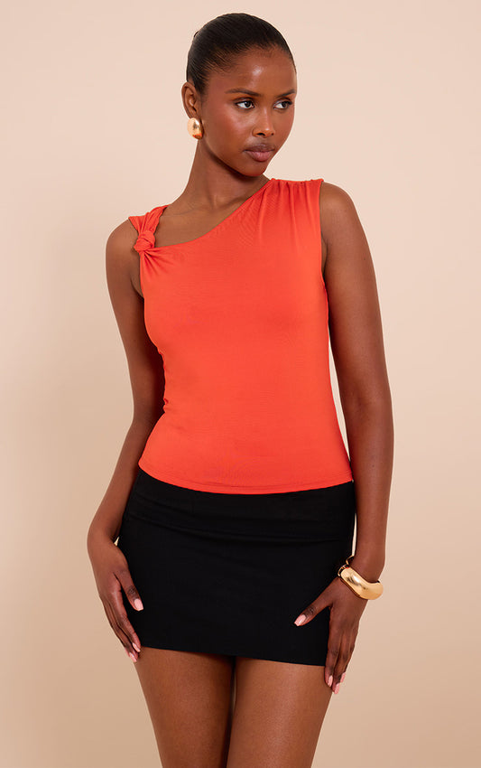 Tomato Red Slinky Knot Strap Detail Long Top