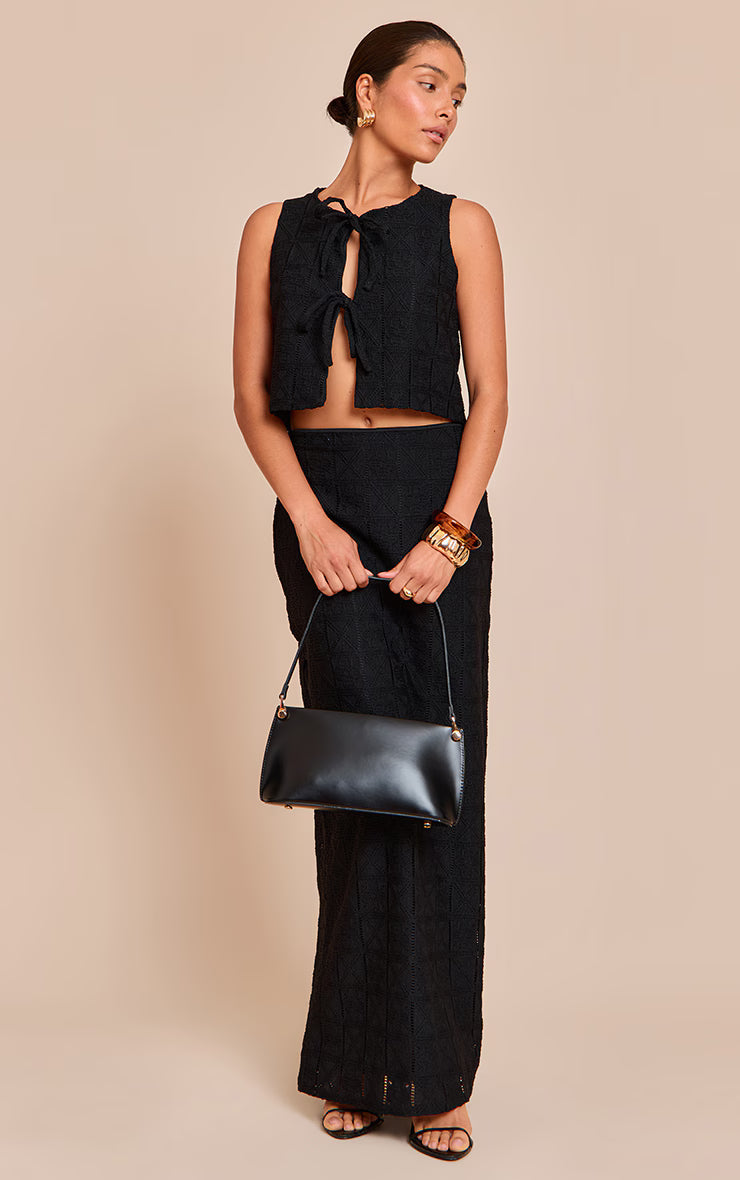 Petite Black Patterned Tie Up Front Top