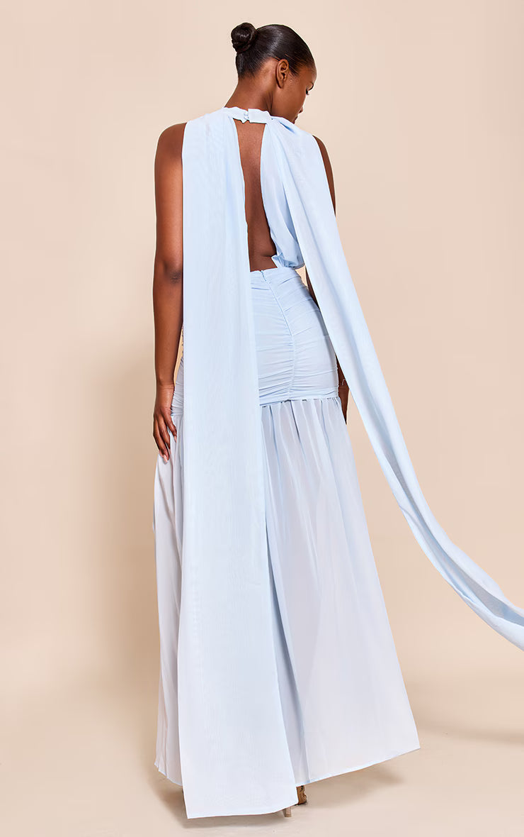 Light Blue High Neck Scarf Detail Ruched Maxi Dress