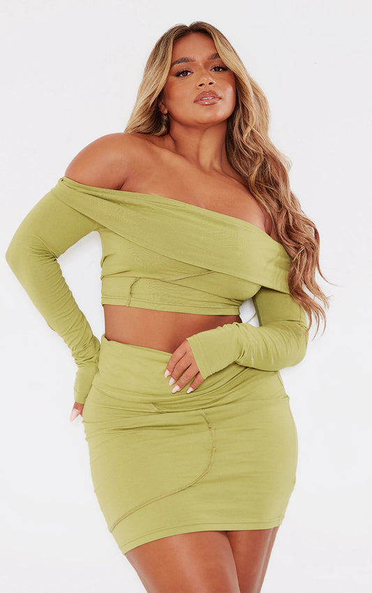 Shape Olive Bardot Seam Detail Foldover Crop Top