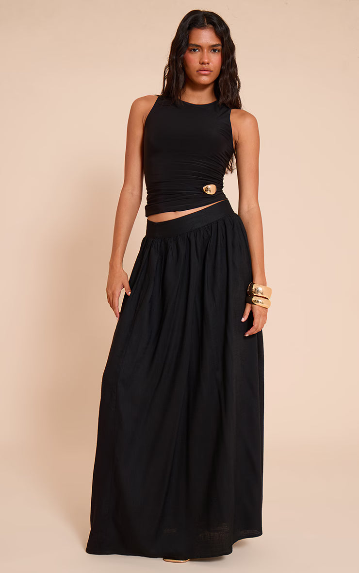 Black Slinky Sleeveless Trim Detail Top