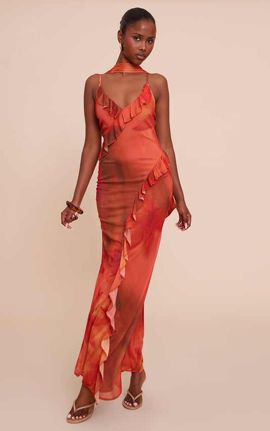 Red Printed Chiffon Frill Details Strappy Maxi Dress