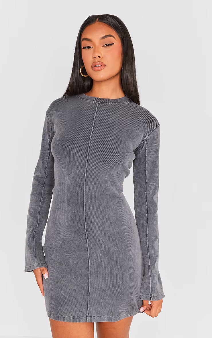 Charcoal Ribbed Exposed Seam Long Sleeve Bodycon Dress