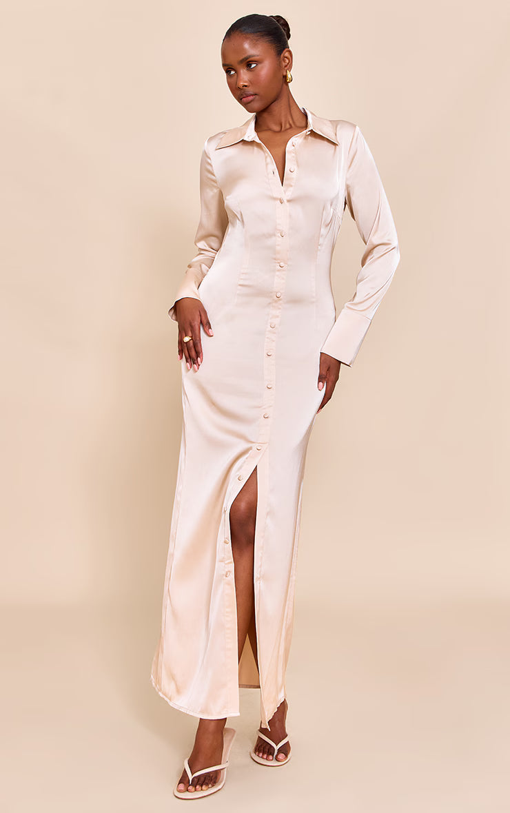 Almond Satin Button Down Midaxi Dress