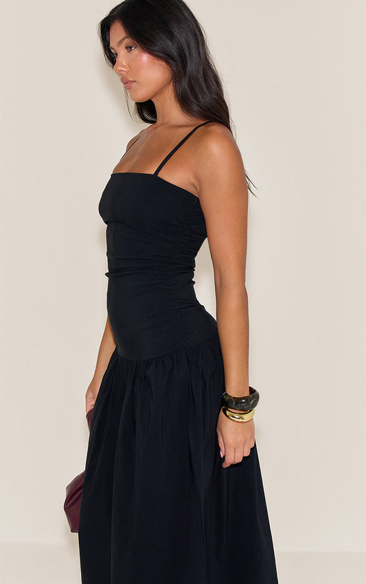 Black Stretch Woven Strappy Ruched Maxi Dress