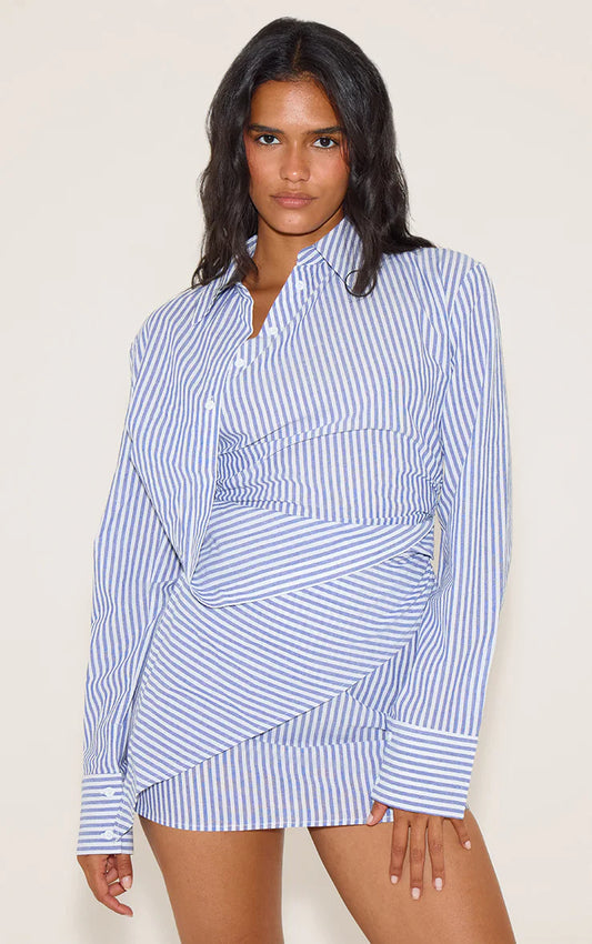 Blue Woven Stripe Asymmetric Mini Skirt