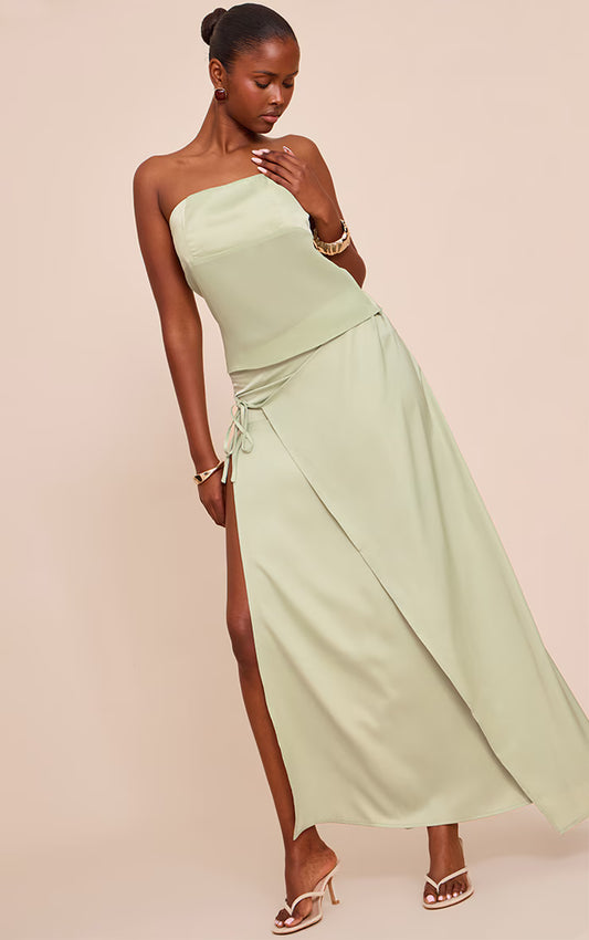 Sage Satin Wrap Maxi Skirt