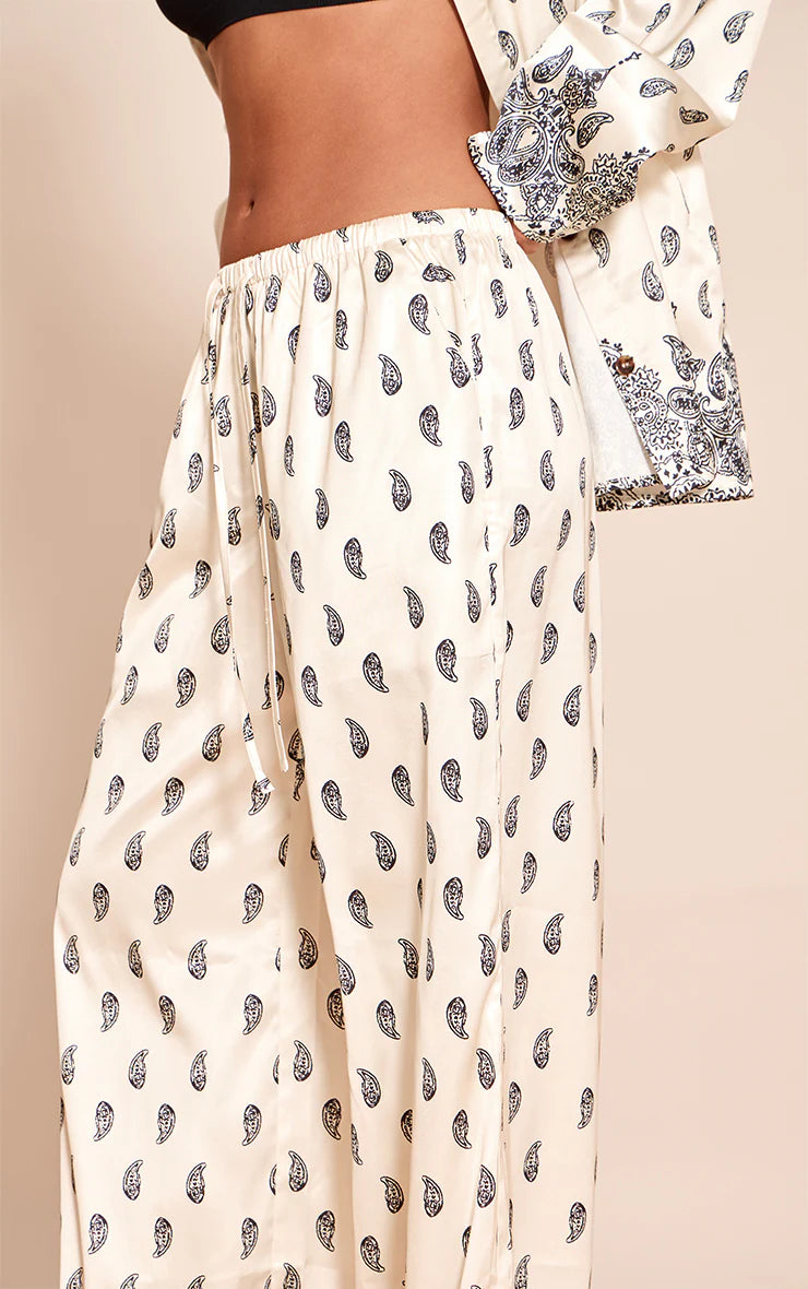 Cream Paisley Print Drawstring Extreme Wide Leg Pant